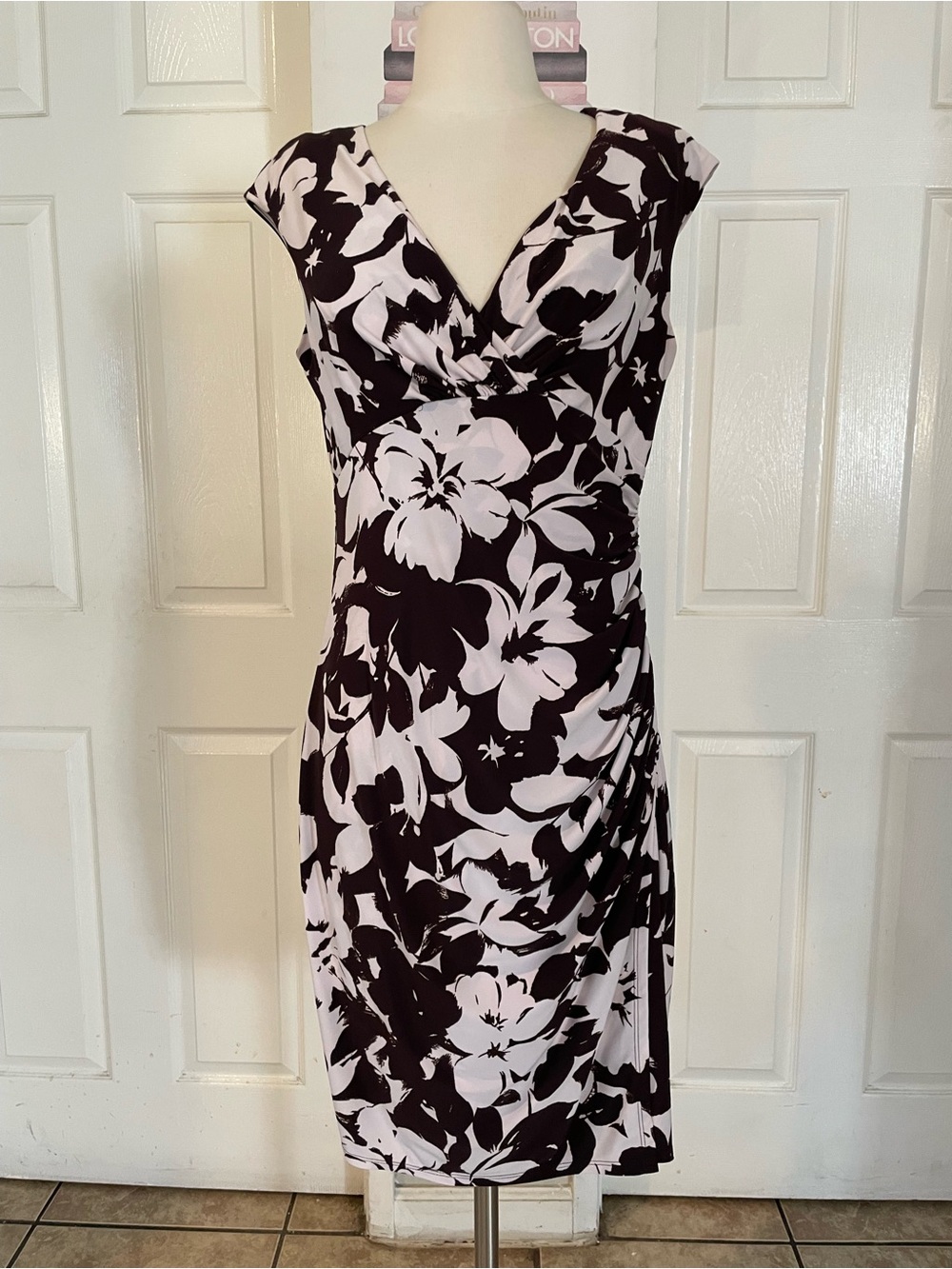 Ralph Lauren Black and White Floral Cap-Sleeve Wrap Sheath Dress
